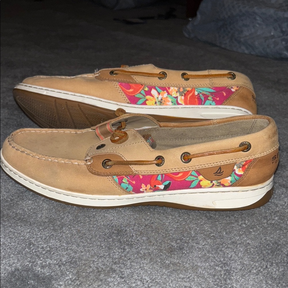 Sperry Tan and Pink Floral Flats
